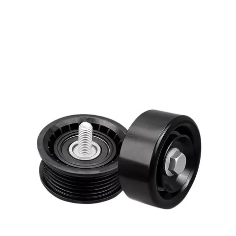 Heavy Duty V Ribbed Belt Tensioner And Idler Pulley Kit For 2.0L Or 2.4L Four Cylinder Engines On 2006 Through 2015 Models, Keeps Your Drive Train Running Smooth Without Any Messy Greasing Required. black metal tensioner and idler pulley kit with bolt