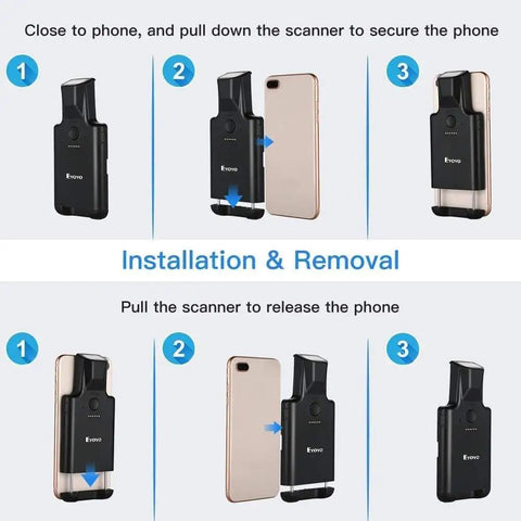 Installation guide for Upgraded Bluetooth Barcode Scanner With Back Clip For iPhone And Android on a smartphone.
