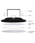 Exploded view of 10 Pack 500W UFO LED High Bay Light with 50000LM, showing bracket, heat sink, chip, seal, and PC mask.