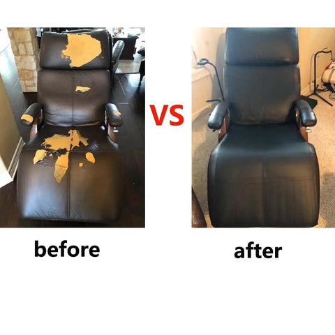 Before and after of a chair showing repair with Self Adhesive Faux Leather Repair Patch Kit Waterproof Patch For Sofas Car Seats.