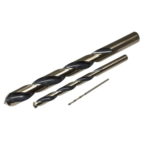 Knockout 29 Piece Drill Bit Set Featuring Jobber Length 135 Degree Split Point Tips With Black And Gold Titanium Coating For Wood And Metal Heavy Duty Made In Usa Dead Nuts Tough Gear showing three drill bits.