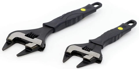 Two Extra Slim Eight Inch Adjustable Wrenches With Three Sixteenth Inch Jaws Forty Percent Slimmer Than Standard Black Alloy Steel