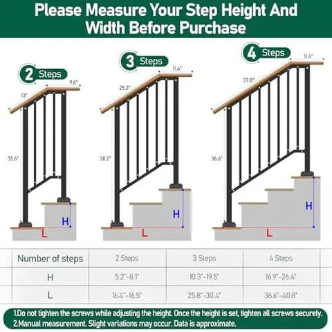 Guide for measuring step height and width for Heavy Duty 3 Step Outdoor Hand Rails For Stairs And Deck Rustproof Metal Build.