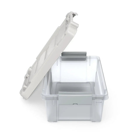 12 Qt Clear Plastic Storage Bin With Latching Lid, Stackable Tote For Closet, Office And Home Organization, open lid view