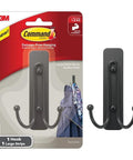 Large Damage Free Wall Hooks With Adhesive Strips No Tools Double Hook Set For Hangin Decor In Living Spaces Holds Up To Four Pounds One Black Hook And One Strip in packaging