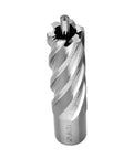 Front view of a silver steel annular cutter with Weldon shank and spiral flutes, pilot pin visible