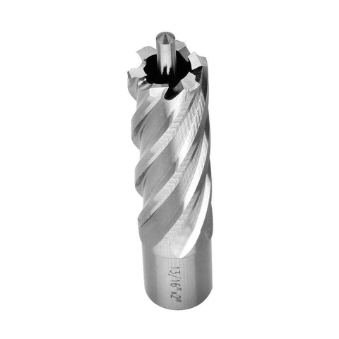 Front view of a silver steel annular cutter with Weldon shank and spiral flutes, pilot pin visible