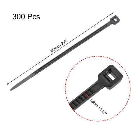 Black self locking nylon cable ties, 60mm x 1.8mm, 300 pack, ideal for wire and cable management, shown in detailed close-up view.
