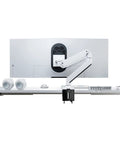 Game Changing Dual Monitor Desk Stand For 17 To 32 Inch Screens with a gas spring arm and USB ports, mounted on a white desk.