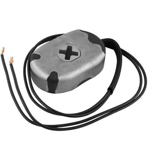 Front view of a silver 12-inch electric trailer brake magnet kit with two exposed wires and braided sleeve.