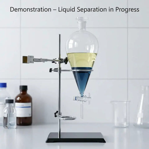 Beefy 1000ml Heavy Duty Conical Separating Funnel With 24 29 Joint PTFE Stopcock And Lab Distillation Support Rack For Stable Titration And Liquid Liquid Extraction, filled with two liquid layers