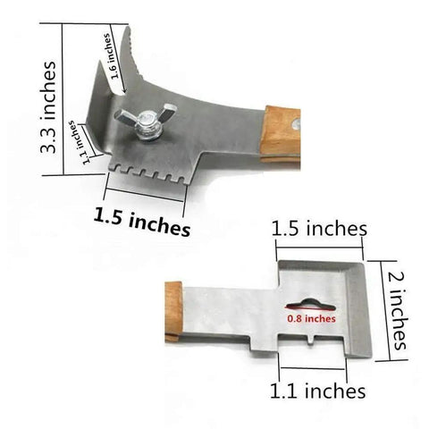 7 in 1 Beekeeping Tool With Wooden Handle featuring measurements and details of metal scraper and lifter parts