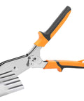 Carbon Steel 5 Blade Hand Crimper for Gutter and Ductwork, showing orange handles and crimped metal sheet