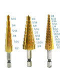 Three Piece Pro Grade Titanium Coated HSS Step Drill Bit Set For Metal Wood Plastic And Aluminum with dual flute design