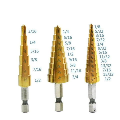 Three Piece Pro Grade Titanium Coated HSS Step Drill Bit Set For Metal Wood Plastic And Aluminum with dual flute design