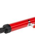 Red hydraulic floor jack pump with black knob and orange nozzle adapter for automotive lifting