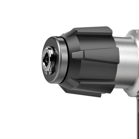 Close-up of Powerhouse 1800W SDS Plus 42mm Heavy Duty Rotary Hammer Drill chuck, showing black and silver detailing for bit changes.