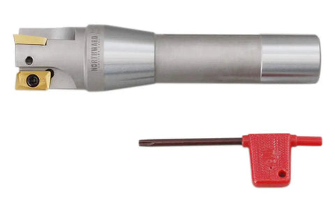 1-1/4 Inch By 5-27/32 Inch 90 Degree R8 Shank Indexable End Mill With Three APKT1604 Tin Coated Carbide Inserts Installed Positive Rake Right Hand Cut Pro Grade Milling Tool For Aluminum And Steel