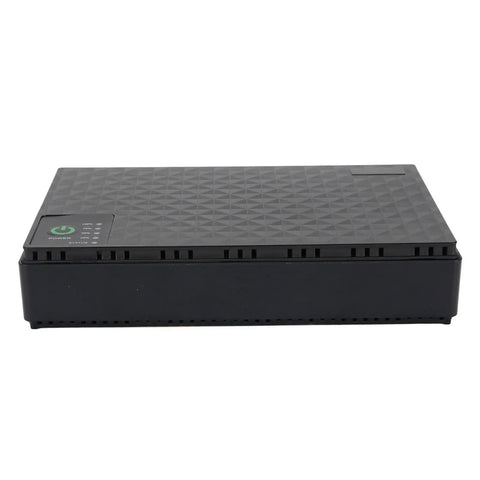Plug And Play 10400mAh Ups Battery Backup For Routers And Modems features sleek black design with power indicator on top.
