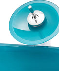 Close-up view of Dope Premium Cyan Rectangular Glass Bathroom Vessel Sink Countertop Vanity Basin Featuring Brass Waterfall Faucet.