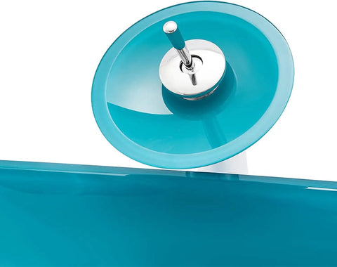 Close-up view of Dope Premium Cyan Rectangular Glass Bathroom Vessel Sink Countertop Vanity Basin Featuring Brass Waterfall Faucet.