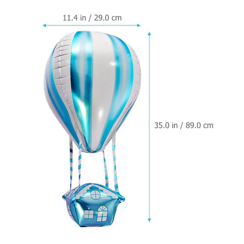 4D Hot Air Balloon Mylar Foil Balloons 35 Inch Blue 4 Pack Helium Floating Decorations For Kids Birthday Party Baby Shower Nursery Room Decor Trendy IG Worthy Photo Backdrop Garland, showcasing a single blue striped balloon with dimensions.