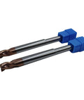 Two 1/4in reduced-shank router end mills with blue protective caps, 3-flute carbide tips, ZRN-coated for aluminum