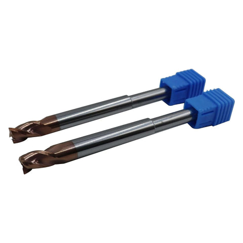 Two 1/4in reduced-shank router end mills with blue protective caps, 3-flute carbide tips, ZRN-coated for aluminum