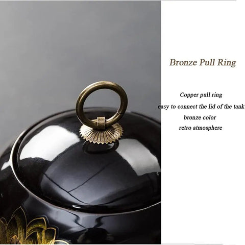 Solid Vintage Black Ceramic Tea Storage Jar With Tight Seal Airtight Lid showing bronze pull ring for easy access.