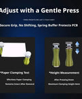 Magnetic Soldering Helping Hands Set With Four PCB Holders And Magnetic Pillar Stands demonstrating paper clamping and height measurement.