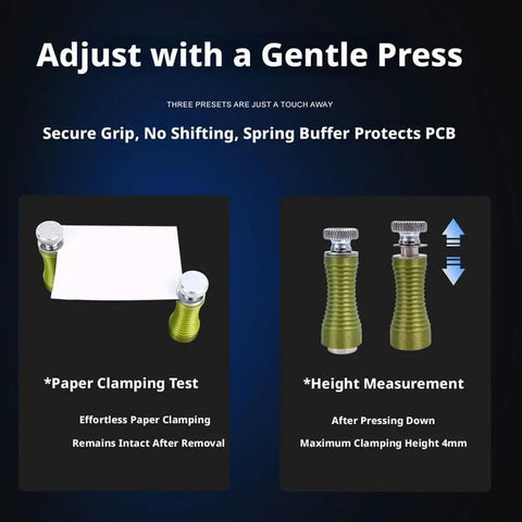 Magnetic Soldering Helping Hands Set With Four PCB Holders And Magnetic Pillar Stands demonstrating paper clamping and height measurement.