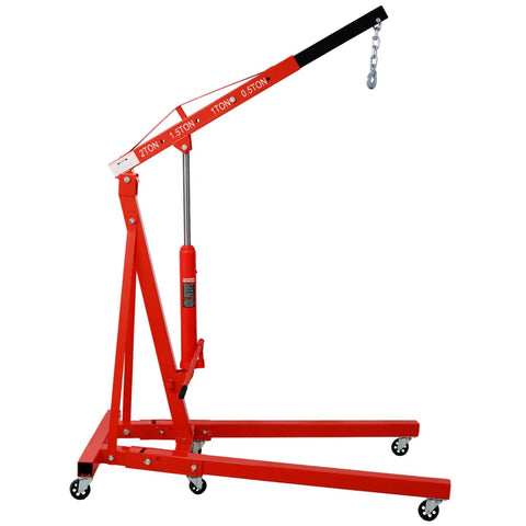 2 Ton Folding Engine Hoist With Heavy Duty Steel Frame And Rollin Smooth Casters Adjustable Boom For Quick Engine Swaps Powder Coated Red Built Tough Shop Tool in upright position.