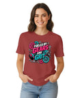 Cool Mechanical Engineer T Shirt With Neon Industrial Gear Art For Workshop Gurus And Garage Tinkerers Who Love Bold Tee Designs and Maker Energy, featured by a model in a fitted brick red cotton shirt.