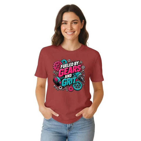 Cool Mechanical Engineer T Shirt With Neon Industrial Gear Art For Workshop Gurus And Garage Tinkerers Who Love Bold Tee Designs and Maker Energy, featured by a model in a fitted brick red cotton shirt.