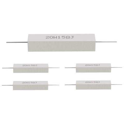 Five Pack 20W 15 Ohm Cement Resistors Axial Lead Wirewound Power Resistors White Ceramic High Temp Moisture Resistant
