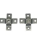 Two stainless steel torque hinge brackets with central bearing and mounting holes.