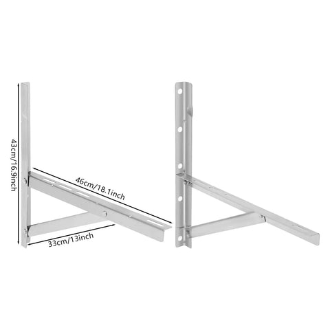 Heavy Duty Mini Split AC Wall Mount Bracket With Foldable Design Beefed Up For Real Tough Mounting Supports Up To 441 Lbs 1.6mm Steel Triangular Frame Riveted Construction Outdoor Unit Holder Easy Storage Weatherproof Built For Long Lasting Strength displayed with measurements