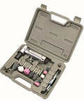 Pro Grade Angle Air Die Grinder Kit With Twenty One Thousand RPM And Quarter HP Power in open case showing accessories.