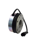 Electromagnetic brake for forklift handling equipment; metal housing, round flange, and attached black connector cable