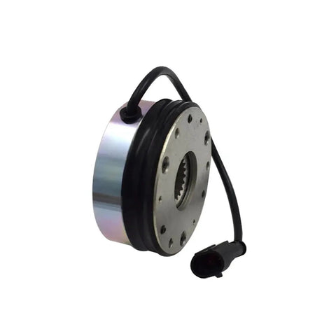 Electromagnetic brake for forklift handling equipment; metal housing, round flange, and attached black connector cable