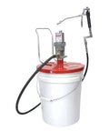 Pneumatic Grease Pump For 25-50Lb Pails, 40:1 Ratio Up To 4,000 PSI, featuring a white 50lb pail and 7 ft high pressure hose.