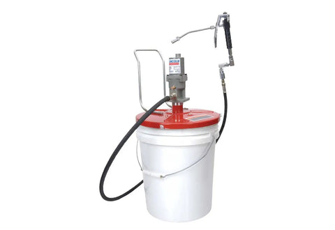 Pneumatic Grease Pump For 25-50Lb Pails, 40:1 Ratio Up To 4,000 PSI, featuring a white 50lb pail and 7 ft high pressure hose.
