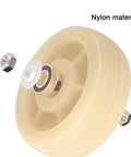 Close-up of heavy duty swivel caster wheels with brakes for furniture, nylon material, double ball bearing detail, puncture-proof design.