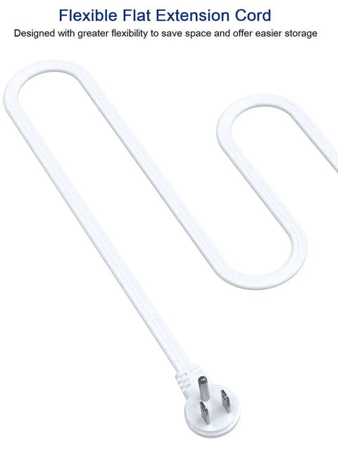 Ultra Flat Power Strip With 3 AC Outlets, flexible 5 Ft flat extension cord, visible coiled white design, home and office use.