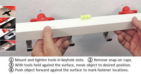 Slot Marking Tool Set for Keyhole Slots and Hangers in use, aligning sawtooth hooks on a wall, recessed marker design visible