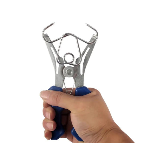 Premium TKOWTB Miter Spring Clamps With 304 Steel Rust Proof Build For Woodworking Projects, 90 Degree Precision Molding And Frame Assembly Kit Including Pro Pliers. Handheld 304 steel spring clamp with blue grips.