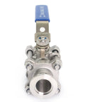 Front view of QiiMii stainless steel 304 vacuum ball valve with locking clamp KF-25, blue handle