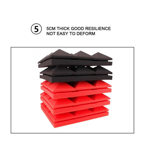 Pro Level Studio Gear Acoustic Foam Panels 12 Pack Sound Dampening Wall Tiles 2 X 12 X 12 Inch stacked black and red foam tiles.