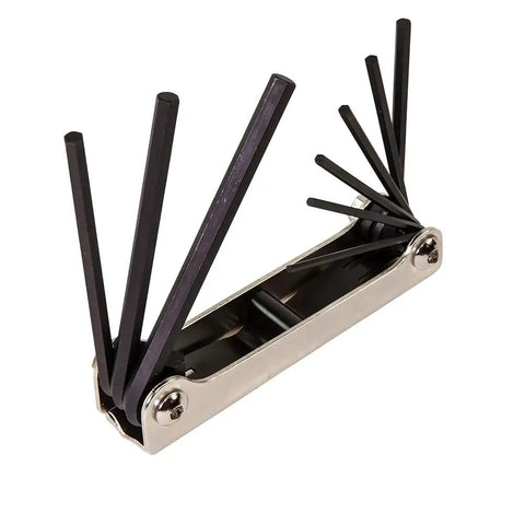 Pro Grade Nine Key Folding Hex Key Set In SAE Sizes With Two Positions For Leverage Square Cut Ends For Full Depth Fit Anti Slip Sockets