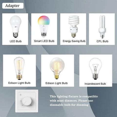Different types of bulbs including LED, Smart LED, Energy Saving, CFL, Edison, and Incandescent with dimmer compatibility note.